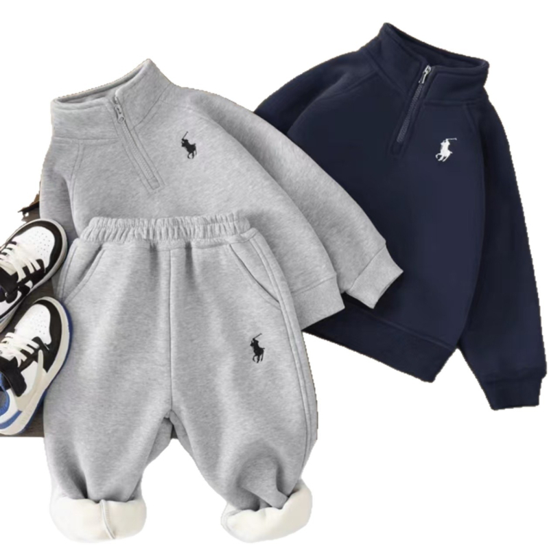 Set copii din două piese, căptușit cu fleece, gros, stil coreean, închidere cu fermoar