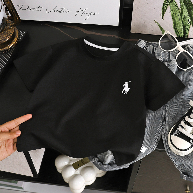 Tricou pentru copii cu mânecă scurtă, broderie în stil coreean, unisex, poliester, evacuare a umezelii, guler rotund, vară 2025