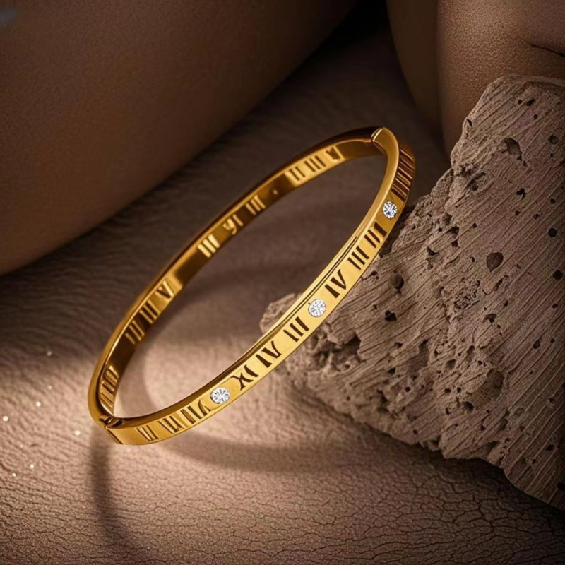 Ženský náramok z nerezovej ocele, rímske číslice, geometrický dizajn (Kanghui, spracovanie Seiko, hmotnosť približne 20 g)
