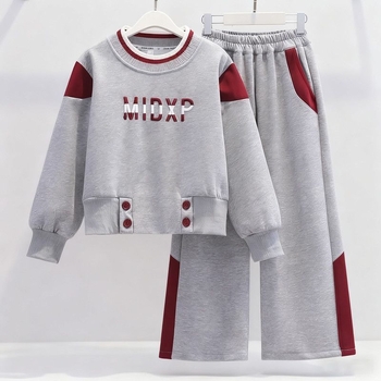 Dječji dvodijelni komplet: sweatshirt s blokom boja i široke hlače, dugi rukav, bez kapuljače, za djecu 8+ godina, proljeće/jesen, poliester