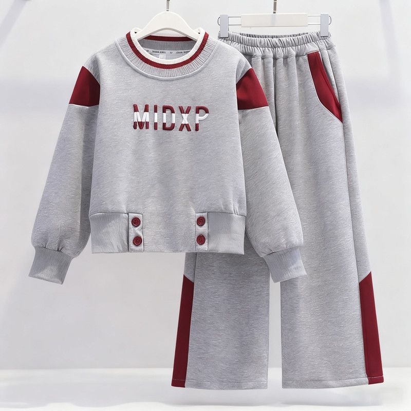 Dječji dvodijelni komplet: sweatshirt s blokom boja i široke hlače, dugi rukav, bez kapuljače, za djecu 8+ godina, proljeće/jesen, poliester