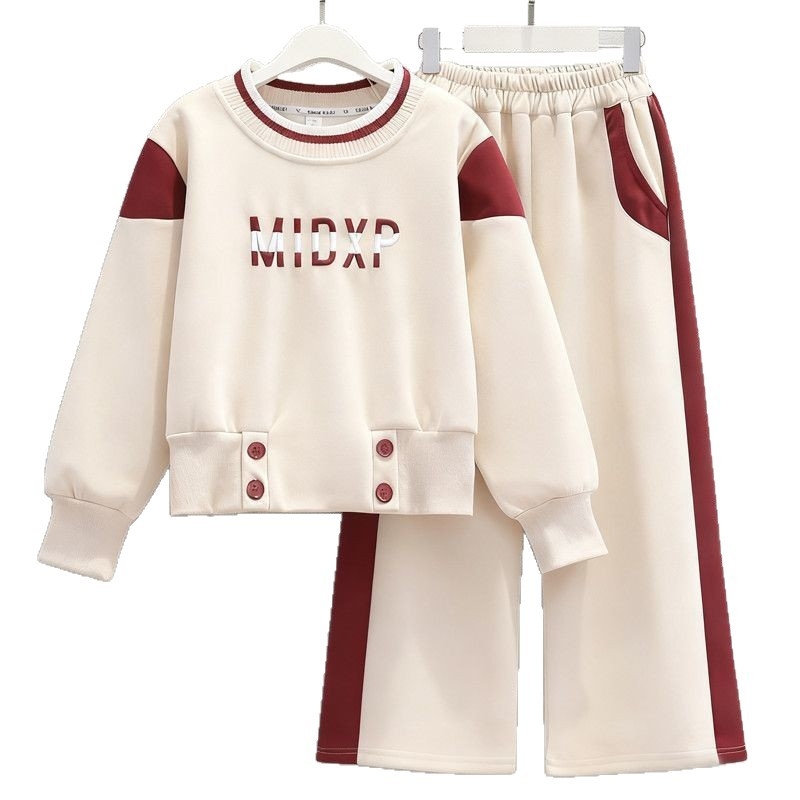 Dječji dvodijelni komplet: sweatshirt s blokom boja i široke hlače, dugi rukav, bez kapuljače, za djecu 8+ godina, proljeće/jesen, poliester