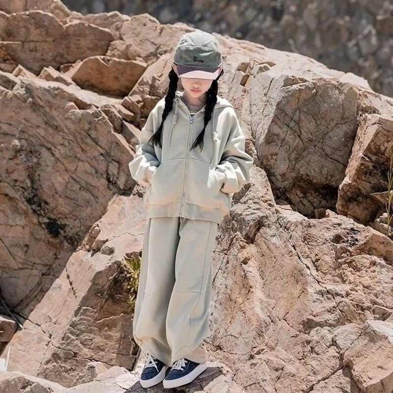 Set sport pentru fete, toamnă, cu glugă, din două piese, mâneci lungi, fermoar, poliester