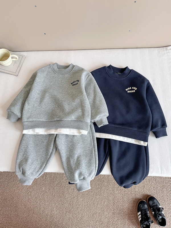 Dječji dvodijelni sportski set s fleec podlogom, unisex, zima/jesen, korejski stil, pulover bez kapuljače i hlače, 63% pamuk / 37% poliester