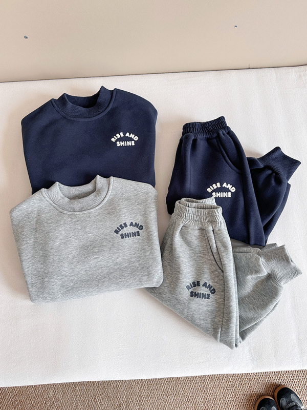 Dječji dvodijelni sportski set s fleec podlogom, unisex, zima/jesen, korejski stil, pulover bez kapuljače i hlače, 63% pamuk / 37% poliester
