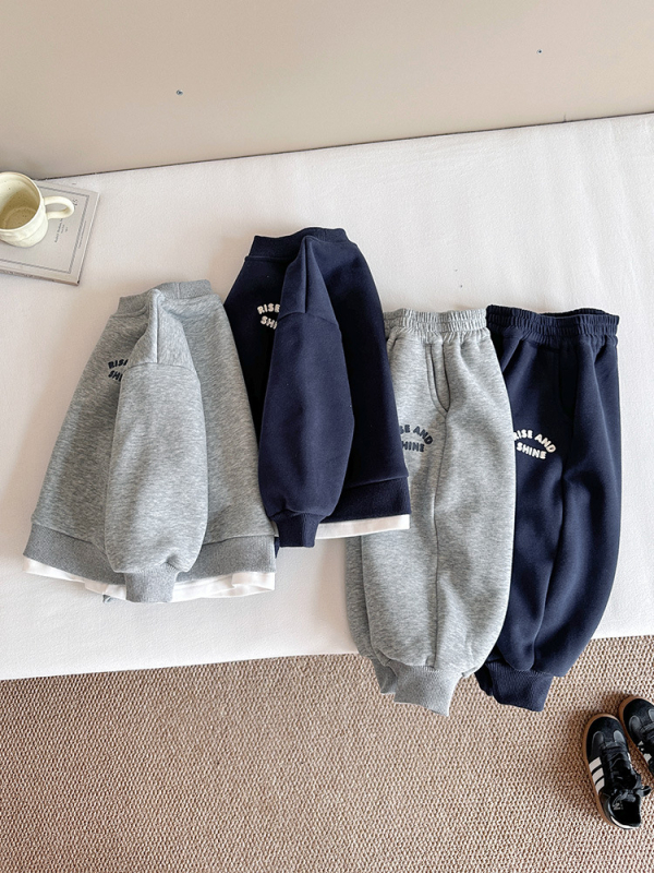 Dječji dvodijelni sportski set s fleec podlogom, unisex, zima/jesen, korejski stil, pulover bez kapuljače i hlače, 63% pamuk / 37% poliester