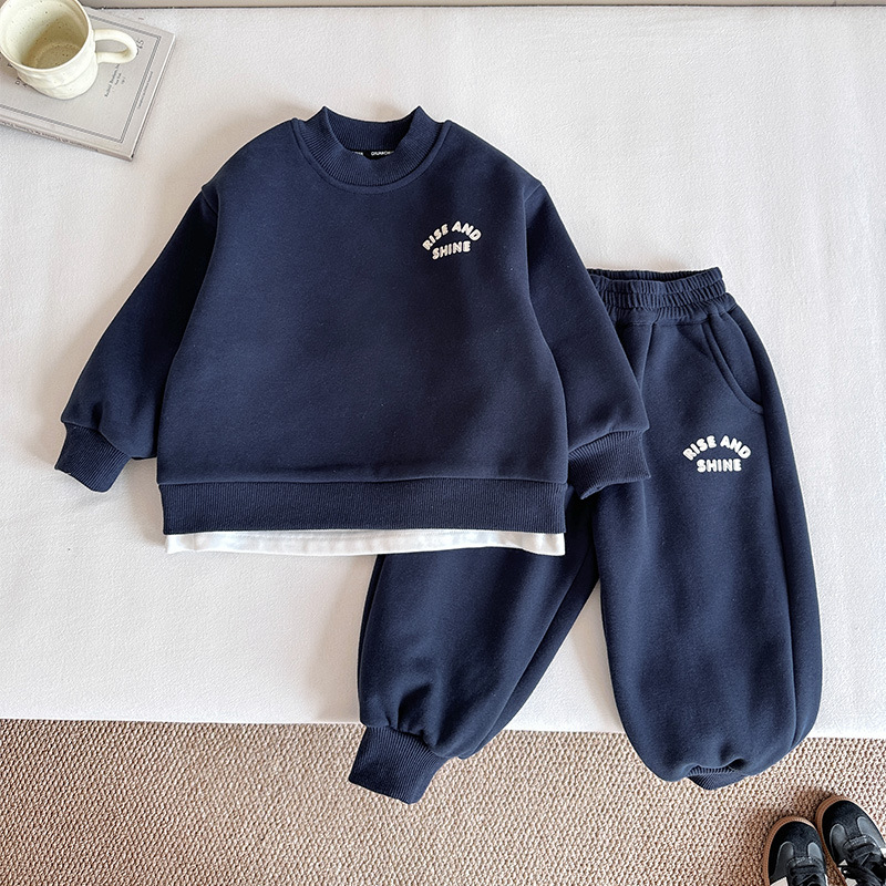Dječji dvodijelni sportski set s fleec podlogom, unisex, zima/jesen, korejski stil, pulover bez kapuljače i hlače, 63% pamuk / 37% poliester