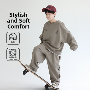 Trusă sport pentru copii băieți, set din două piese: bluză cu mânecă lungă fără glugă și pantaloni, amestec bumbac/polies­ter, imprimeu cu litere, pentru copii peste 8 ani