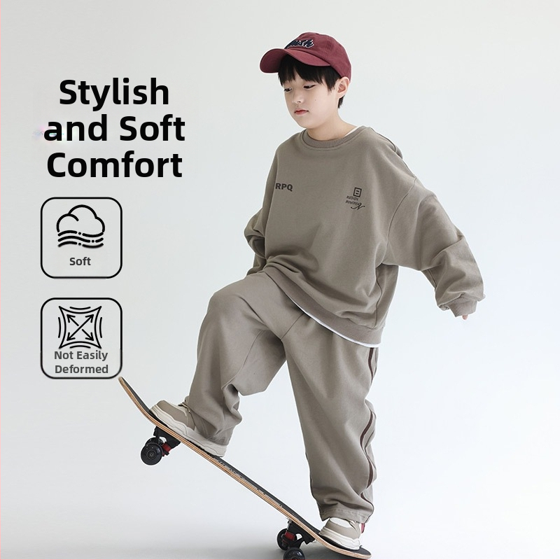 Trusă sport pentru copii băieți, set din două piese: bluză cu mânecă lungă fără glugă și pantaloni, amestec bumbac/polies­ter, imprimeu cu litere, pentru copii peste 8 ani