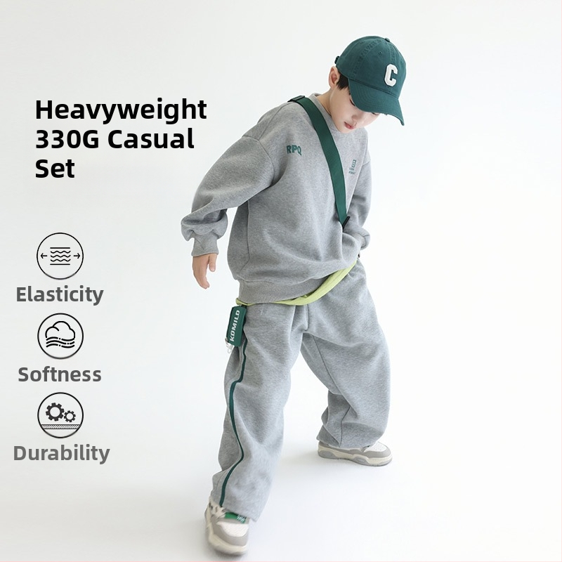 Trusă sport pentru copii băieți, set din două piese: bluză cu mânecă lungă fără glugă și pantaloni, amestec bumbac/polies­ter, imprimeu cu litere, pentru copii peste 8 ani