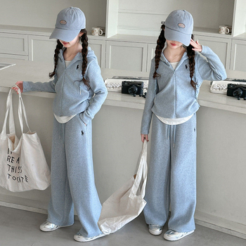 Set sport pentru fete, două piese, hanorac cu glugă și pantaloni, material poliester cu fleece