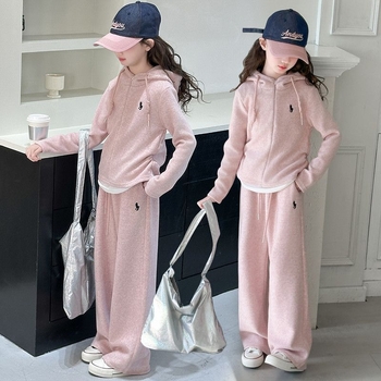 Set sport pentru fete, două piese, hanorac cu glugă și pantaloni, material poliester cu fleece