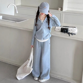Set sport pentru fete, două piese, hanorac cu glugă și pantaloni, material poliester cu fleece