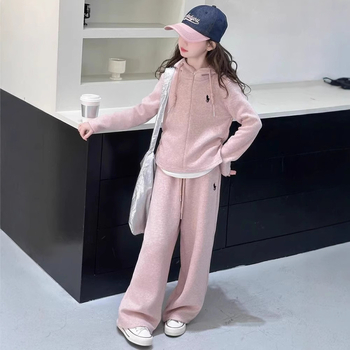 Set sport pentru fete, două piese, hanorac cu glugă și pantaloni, material poliester cu fleece