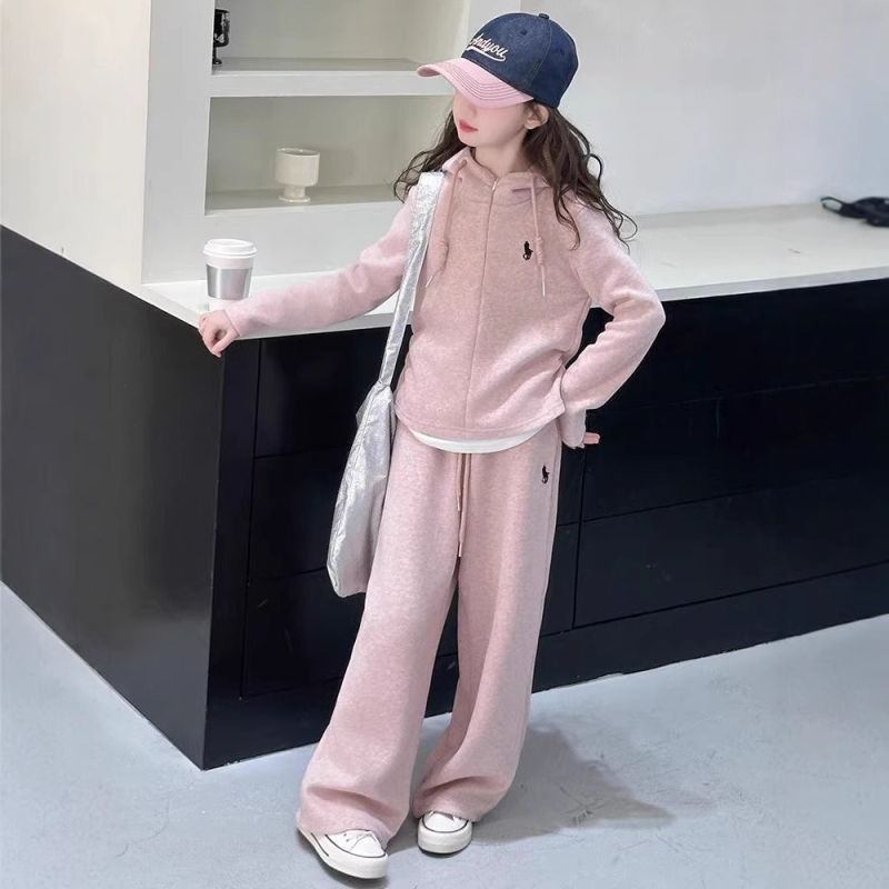 Set sport pentru fete, două piese, hanorac cu glugă și pantaloni, material poliester cu fleece