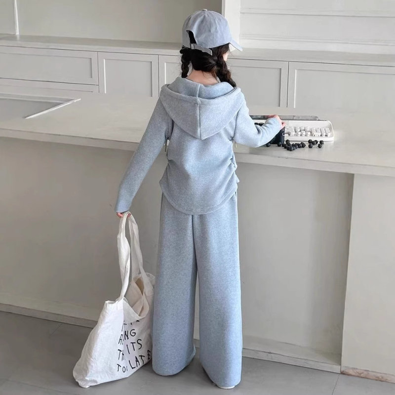 Set sport pentru fete, două piese, hanorac cu glugă și pantaloni, material poliester cu fleece