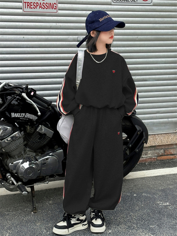 Dječji jesenski komplet za djevojčice 2025., korejskog stila, dvodijelni sportski komplet s dugim rukavima, bez kapuljače, mješavina pamuka i poliestera, za djecu 8+ godina