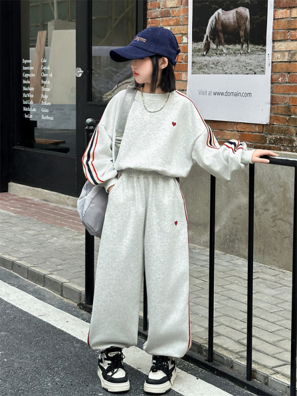 Dječji jesenski komplet za djevojčice 2025., korejskog stila, dvodijelni sportski komplet s dugim rukavima, bez kapuljače, mješavina pamuka i poliestera, za djecu 8+ godina