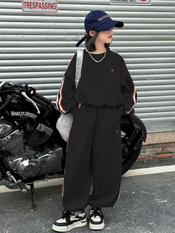 Dječji jesenski komplet za djevojčice 2025., korejskog stila, dvodijelni sportski komplet s dugim rukavima, bez kapuljače, mješavina pamuka i poliestera, za djecu 8+ godina