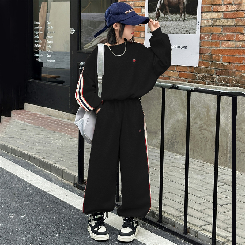 Dječji jesenski komplet za djevojčice 2025., korejskog stila, dvodijelni sportski komplet s dugim rukavima, bez kapuljače, mješavina pamuka i poliestera, za djecu 8+ godina