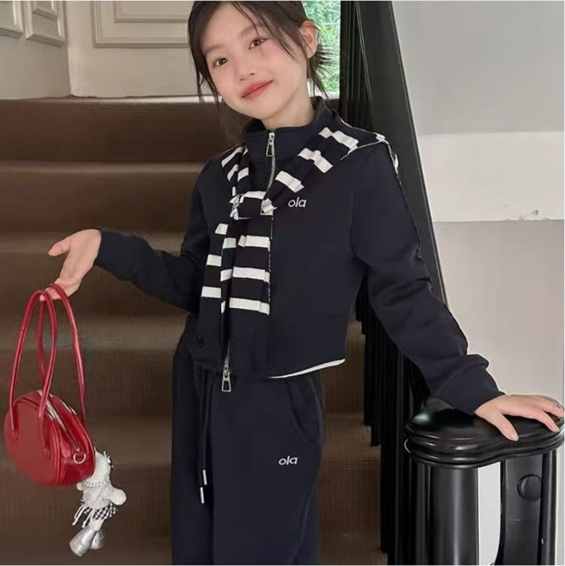 Set de două piese pentru fete, în stil coreean, cu guler shawl și fermoar, culoare solidă, mâneci lungi, poliester 51–71%, toamna 2025, pentru fete peste 8 ani (peste 140 cm)