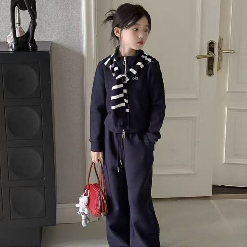 Set de două piese pentru fete, în stil coreean, cu guler shawl și fermoar, culoare solidă, mâneci lungi, poliester 51–71%, toamna 2025, pentru fete peste 8 ani (peste 140 cm)