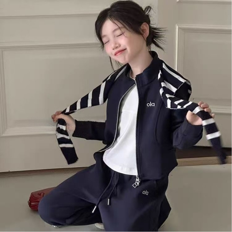 Set de două piese pentru fete, în stil coreean, cu guler shawl și fermoar, culoare solidă, mâneci lungi, poliester 51–71%, toamna 2025, pentru fete peste 8 ani (peste 140 cm)