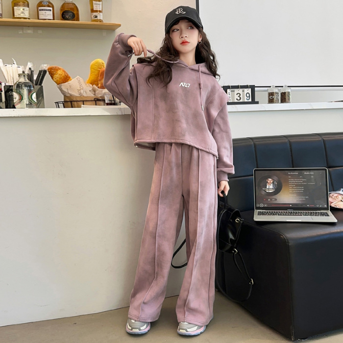 Dječji djevojački trening komplet s kapuljačom, dva dijela, duge rukave, proljeće–jesen