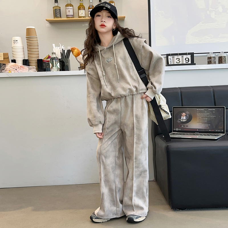 Dječji djevojački trening komplet s kapuljačom, dva dijela, duge rukave, proljeće–jesen