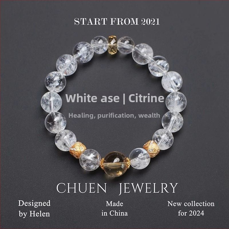 Valge kristalliga käevõru, külgne kivi citrine, hõbedase ja kuldse kattega, kerge luksus stiil