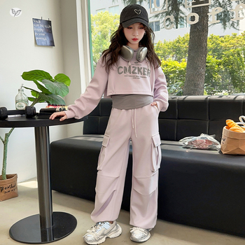 Dječji trodijelni komplet za djevojčice: hoodie s kapuljačom i cargo hlače visokog struka s graffiti natpisom slovima; materijal 70% poliester, 30% pamuk; pogodno za proljeće i jesen, uzrast 8+