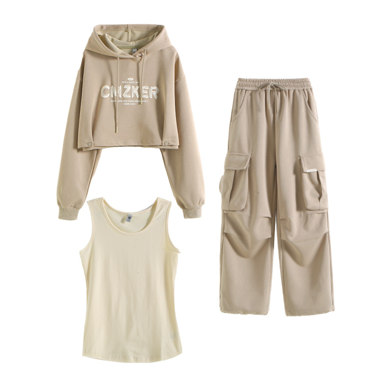 Dječji trodijelni komplet za djevojčice: hoodie s kapuljačom i cargo hlače visokog struka s graffiti natpisom slovima; materijal 70% poliester, 30% pamuk; pogodno za proljeće i jesen, uzrast 8+