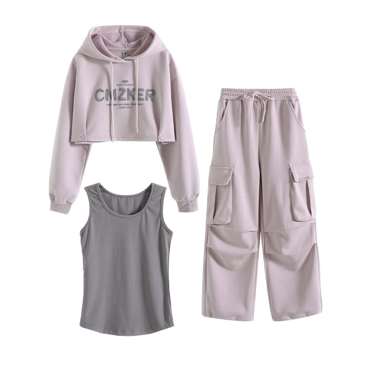 Dječji trodijelni komplet za djevojčice: hoodie s kapuljačom i cargo hlače visokog struka s graffiti natpisom slovima; materijal 70% poliester, 30% pamuk; pogodno za proljeće i jesen, uzrast 8+
