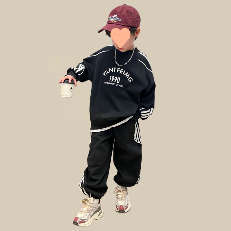 Muški dvodijelni set, korejskog stila, duga majica s dugim rukavima bez kapuljače i duge hlače, tkanina pamuk/poliester 50/50, za proljeće i jesen