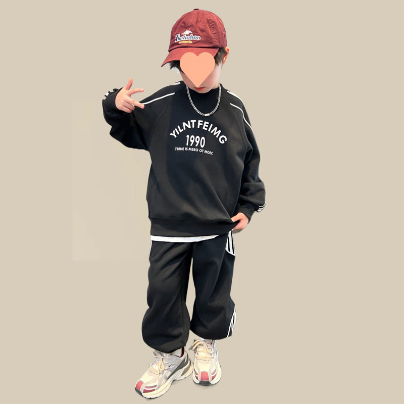 Muški dvodijelni set, korejskog stila, duga majica s dugim rukavima bez kapuljače i duge hlače, tkanina pamuk/poliester 50/50, za proljeće i jesen