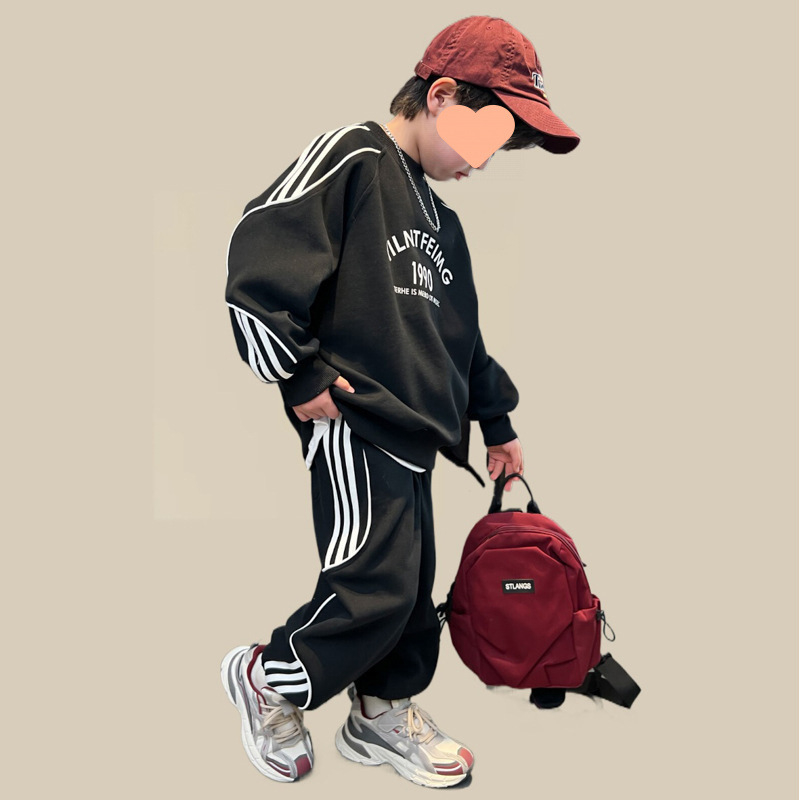 Muški dvodijelni set, korejskog stila, duga majica s dugim rukavima bez kapuljače i duge hlače, tkanina pamuk/poliester 50/50, za proljeće i jesen