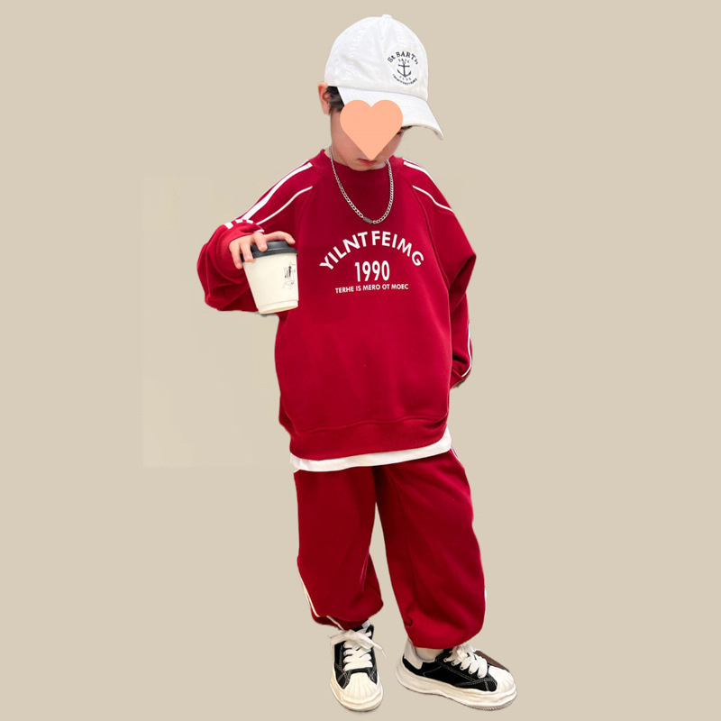 Muški dvodijelni set, korejskog stila, duga majica s dugim rukavima bez kapuljače i duge hlače, tkanina pamuk/poliester 50/50, za proljeće i jesen