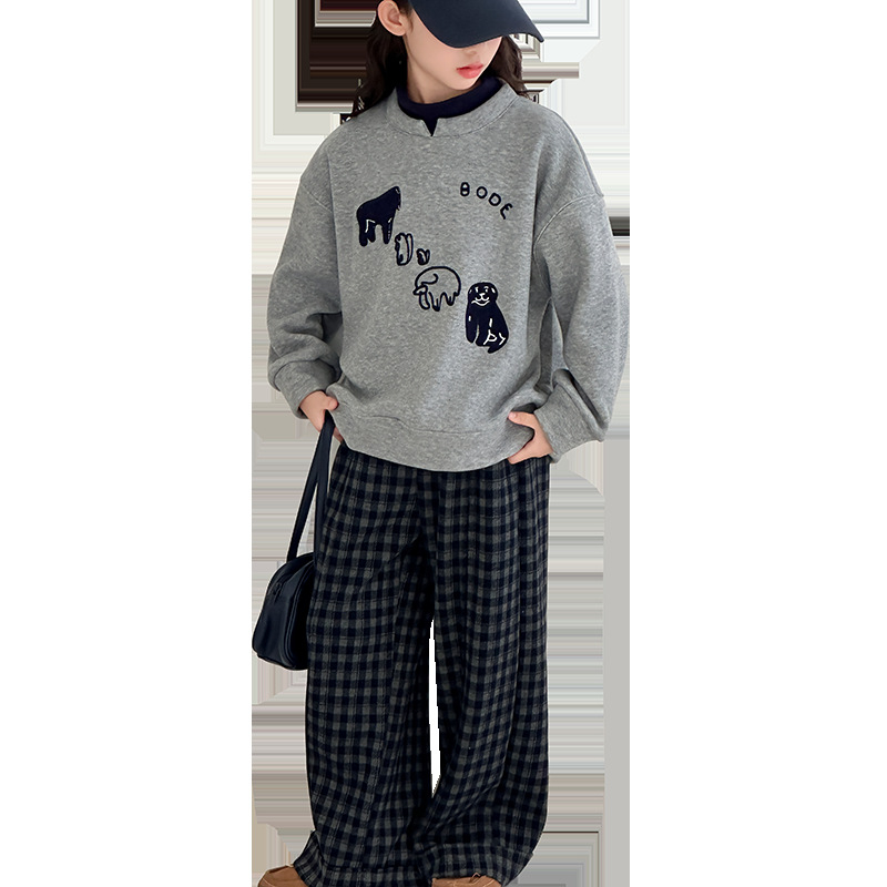 Set copii două piese: hanorac cu fleece și pantaloni în carouri, iarnă, mâneci lungi, material gros