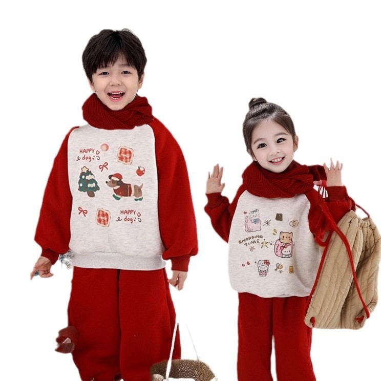 Dječji dvodijelni zimski komplet: pulover bez kapuljače i hlače s crtanim printom, korejski stil, za djecu 3-8 godina, 52% pamuk