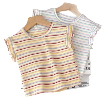 Majica kratkih rukava za djevojčice, Ice Silk tkanina, prugasti uzorak, okrugli izrez, korejski stil, za djecu 3–8 godina