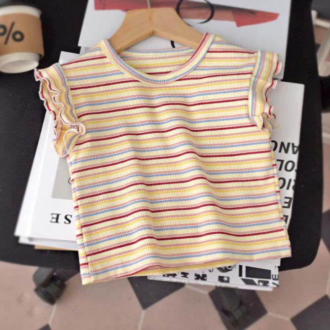 Majica kratkih rukava za djevojčice, Ice Silk tkanina, prugasti uzorak, okrugli izrez, korejski stil, za djecu 3–8 godina