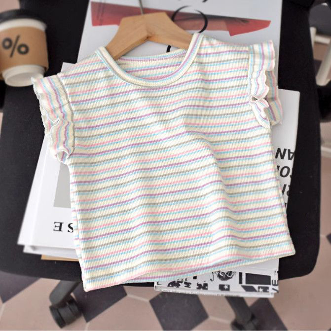 Majica kratkih rukava za djevojčice, Ice Silk tkanina, prugasti uzorak, okrugli izrez, korejski stil, za djecu 3–8 godina