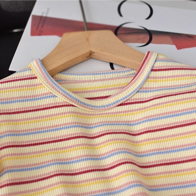 Majica kratkih rukava za djevojčice, Ice Silk tkanina, prugasti uzorak, okrugli izrez, korejski stil, za djecu 3–8 godina
