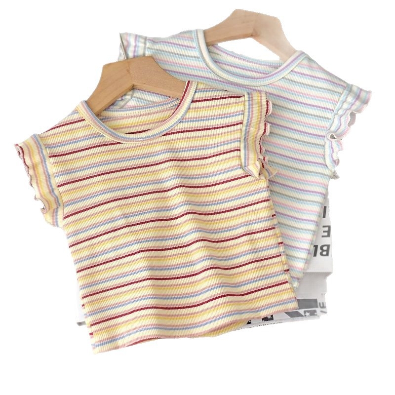 Majica kratkih rukava za djevojčice, Ice Silk tkanina, prugasti uzorak, okrugli izrez, korejski stil, za djecu 3–8 godina