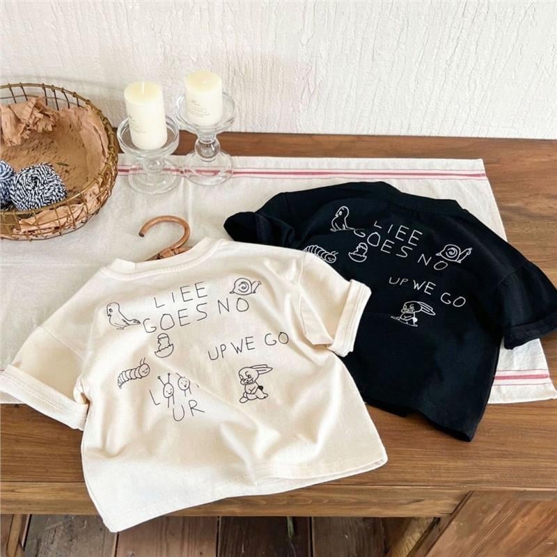 Dječja majica, opušten kroj, tisk s slovima, kratki rukavi, okrugli izrez (100% pamuk, tisk s slovima, odvlačenje vlage)