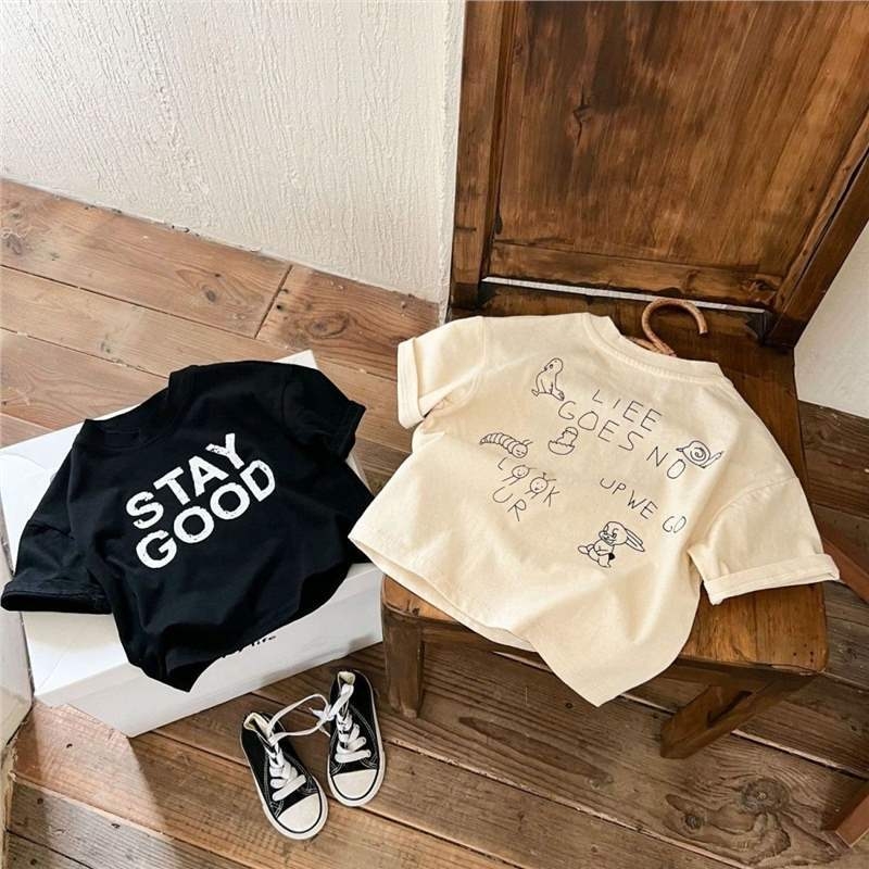 Dječja majica, opušten kroj, tisk s slovima, kratki rukavi, okrugli izrez (100% pamuk, tisk s slovima, odvlačenje vlage)