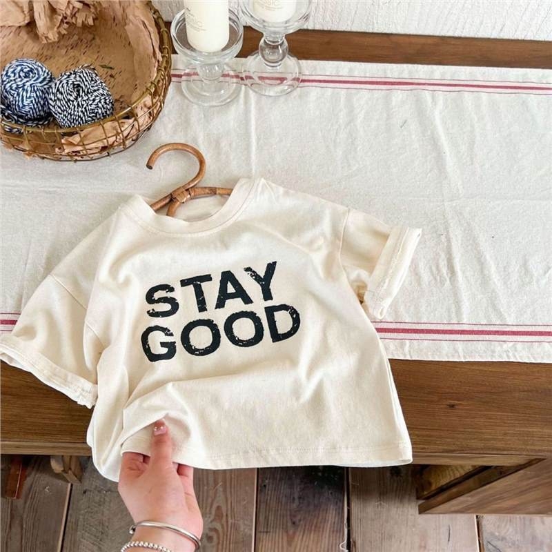 Dječja majica, opušten kroj, tisk s slovima, kratki rukavi, okrugli izrez (100% pamuk, tisk s slovima, odvlačenje vlage)