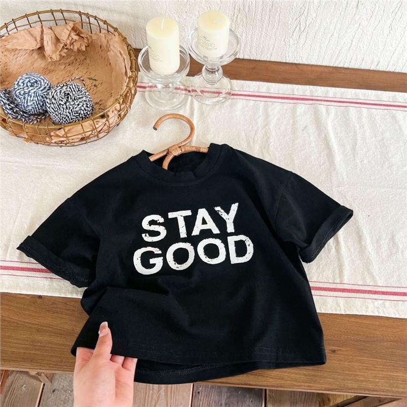 Dječja majica, opušten kroj, tisk s slovima, kratki rukavi, okrugli izrez (100% pamuk, tisk s slovima, odvlačenje vlage)