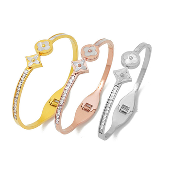 Brățară pentru femei din oțel titan, stil coreean, cu patru foi și diamante, Pretty Yun