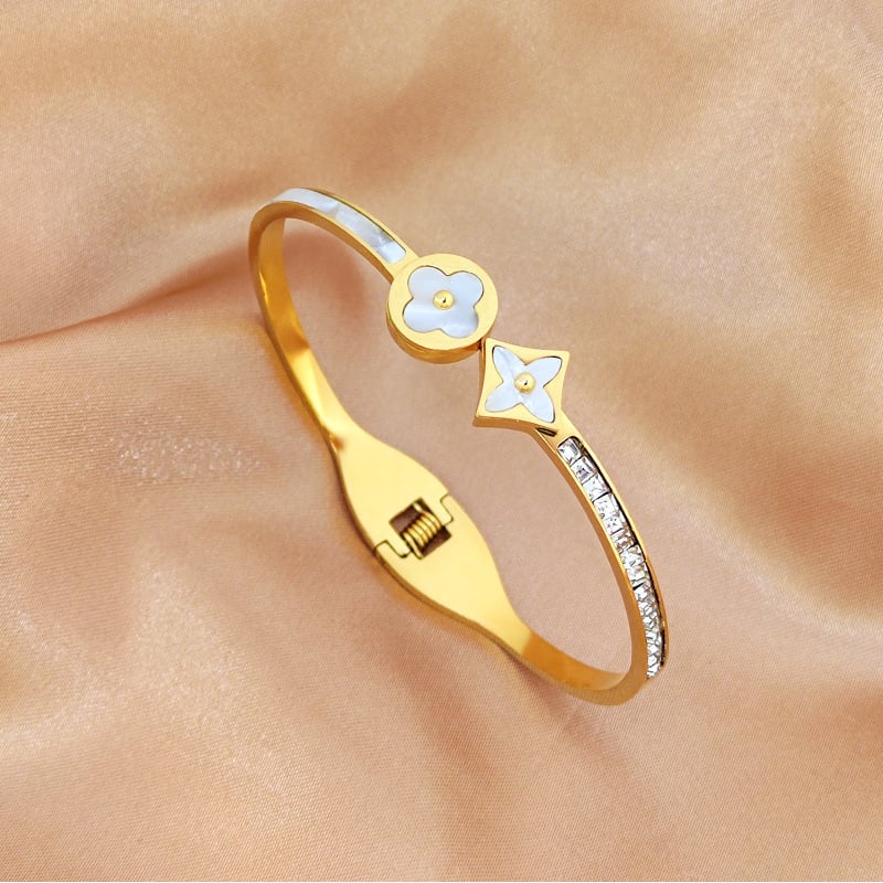 Brățară pentru femei din oțel titan, stil coreean, cu patru foi și diamante, Pretty Yun